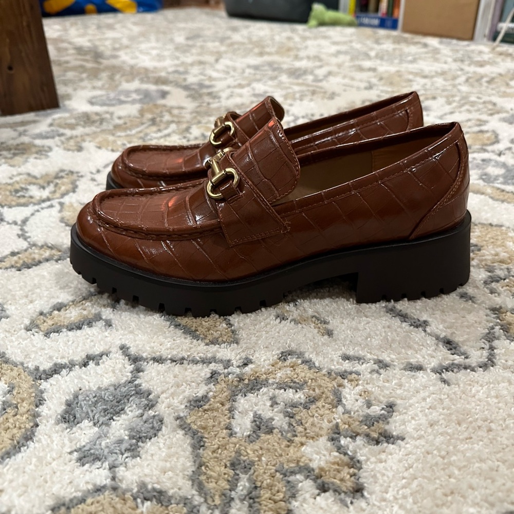 Brown Croc Embossed Loafers with Gold Buckle